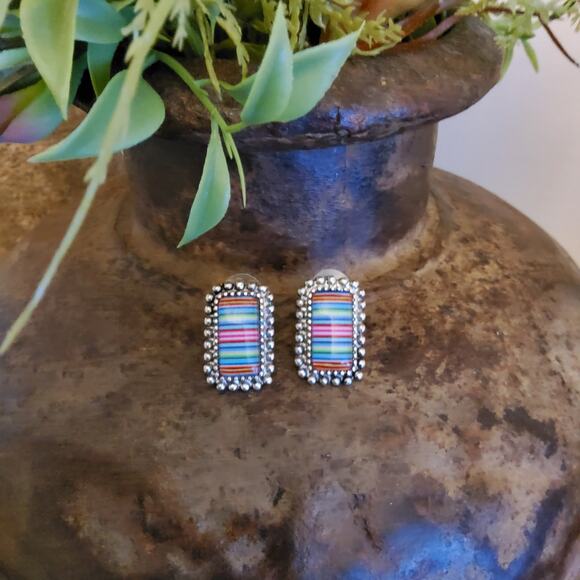 Western Rectangle Burnished Silver Stud Earrings Colorful Stripe - Picture 3 of 9